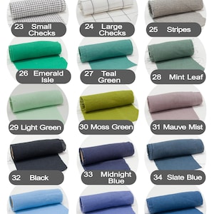 May include: Color chart 2 of 2, featuring fabric rolls in various colors. Includes silver gray, slate gray, small checks, large checks, stripes, emerald isle, teal green, mint leaf, light green, moss green, mauve mist, black, midnight blue, slate blue, pastel blue, lilac bloom, indigo blue, nordic blue, frost blue, and silver.