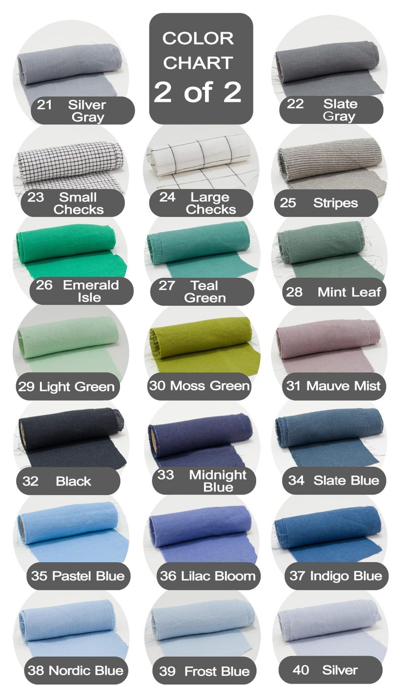 May include: Color chart 2 of 2, featuring fabric rolls in various colors. Includes silver gray, slate gray, small checks, large checks, stripes, emerald isle, teal green, mint leaf, light green, moss green, mauve mist, black, midnight blue, slate blue, pastel blue, lilac bloom, indigo blue, nordic blue, frost blue, and silver.