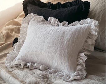 Custom Linen Pillow Cover with All Side Ruffled- Linen Pillow Shams with long ruffle on one side-  Linen Cushion Cover with Envelope Closure