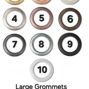 May include: A color chart of ten large grommets, each with a different metallic or neutral color. The grommets are numbered 1 through 10. The text "Large Grommets Color Charts" is below the grommets.