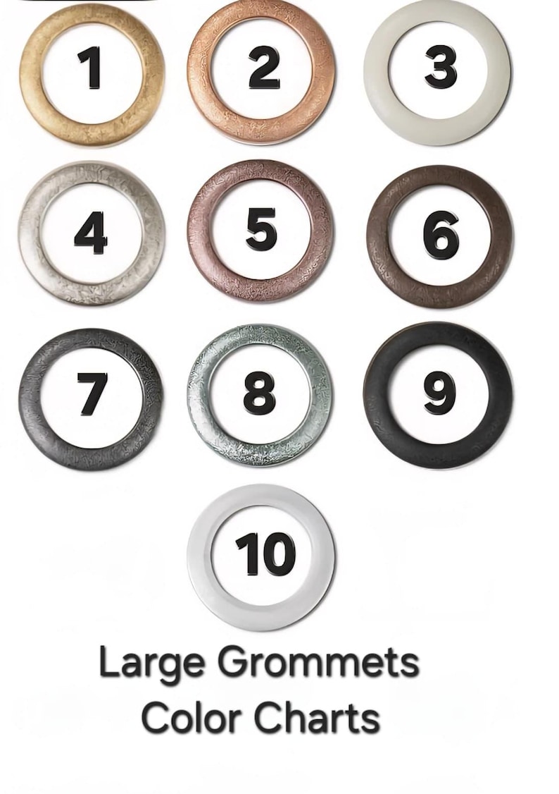 May include: A color chart of ten large grommets, each with a different metallic or neutral color. The grommets are numbered 1 through 10. The text "Large Grommets Color Charts" is below the grommets.