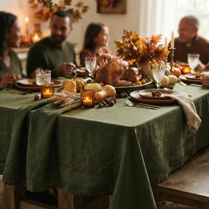 May include: A dark olive green linen tablecloth draped over a wooden dining table. The table is set with a roasted turkey on a platter, small pumpkins, gourds, wheat stalks, chestnuts, amber glass candle holders, and ceramic plates.