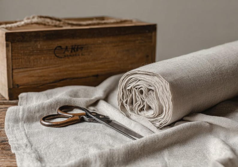 May include: A roll of beige linen fabric, vintage scissors, and a wooden box. The scissors have dark brown handles and silver blades. The box is made of wood and has a rope handle. The fabric is rolled.