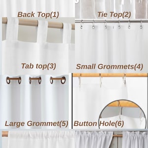 May include: An image showcasing various curtain heading styles. Styles include Back Top, Tie Top, Tab Top, Small Grommets, Large Grommet, Button Hole, Rod Pocket, and Rod Pocket with a 2" header. The text "HEADING STYLE" is at the top.