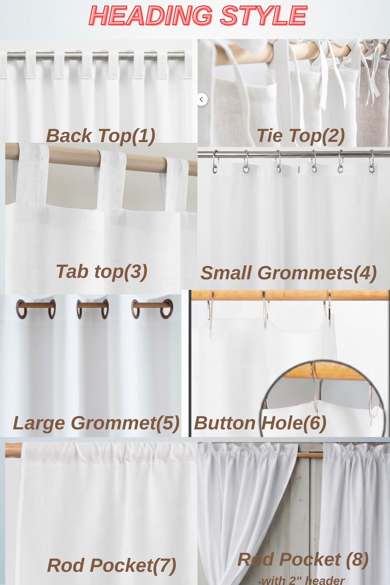 May include: An image showcasing various curtain heading styles. Styles include Back Top, Tie Top, Tab Top, Small Grommets, Large Grommet, Button Hole, Rod Pocket, and Rod Pocket with a 2" header. The text "HEADING STYLE" is at the top.