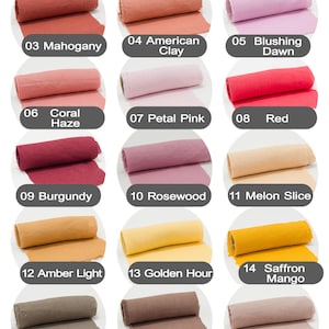 May include: Color chart 1 of 2, featuring swatches of fabric in various colors. Colors include Terracotta, Apricot Glow, Mahogany, American Clay, Blushing Dawn, Coral Haze, Petal Pink, Red, Burgundy, Rosewood, Melon Slice, Amber Light, Golden Hour, Saffron Mango, Dusty Brown, Cocoa, Light Mocha, Oatmeal, Pure White, and Cloud White.