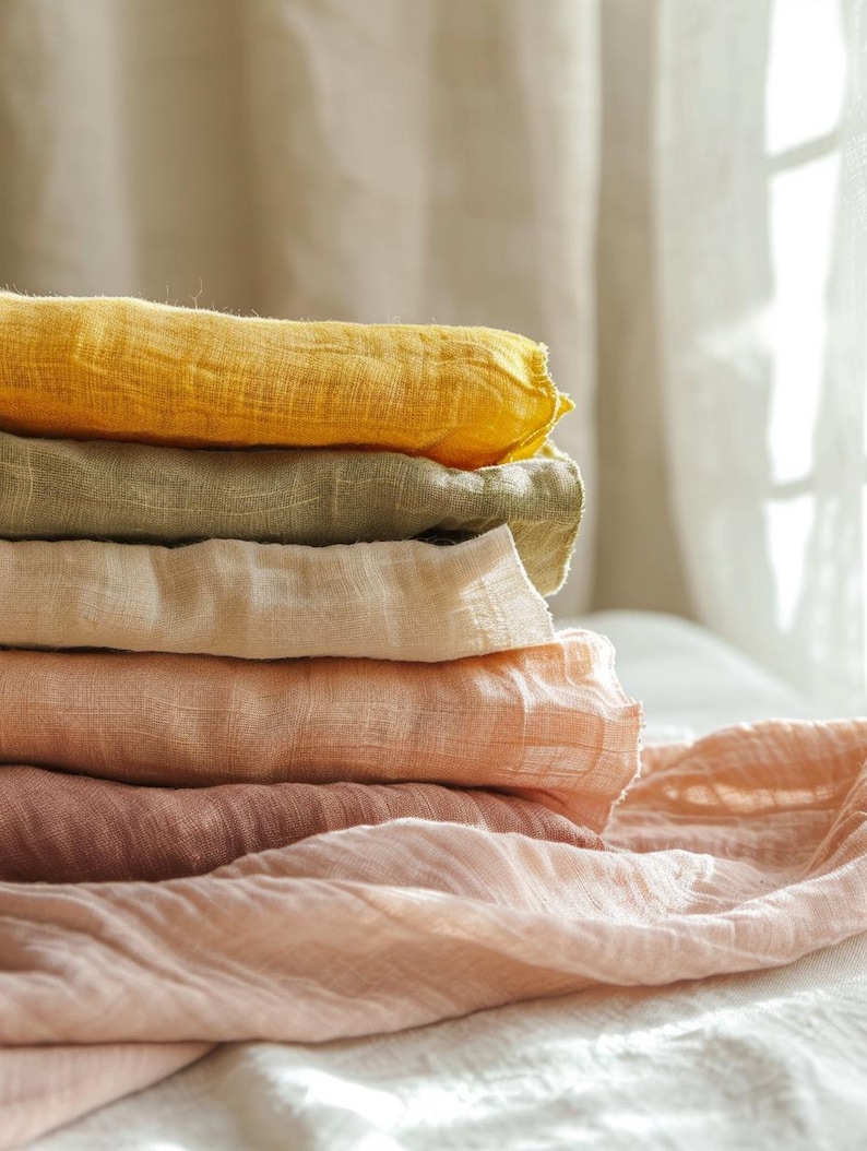 May include: A pile of folded fabric in soft pastel shades: yellow, olive green, cream, peach, and rose. The material looks lightweight and textured, perhaps linen or gauze. The items are stacked on a white surface, with natural light.