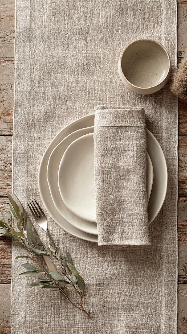 May include: A neutral-toned table setting featuring a linen table runner, white ceramic plates, a folded napkin, and a small bowl. Silverware and a sprig of greenery add a natural touch to the arrangement. The scene evokes a sense of rustic elegance.