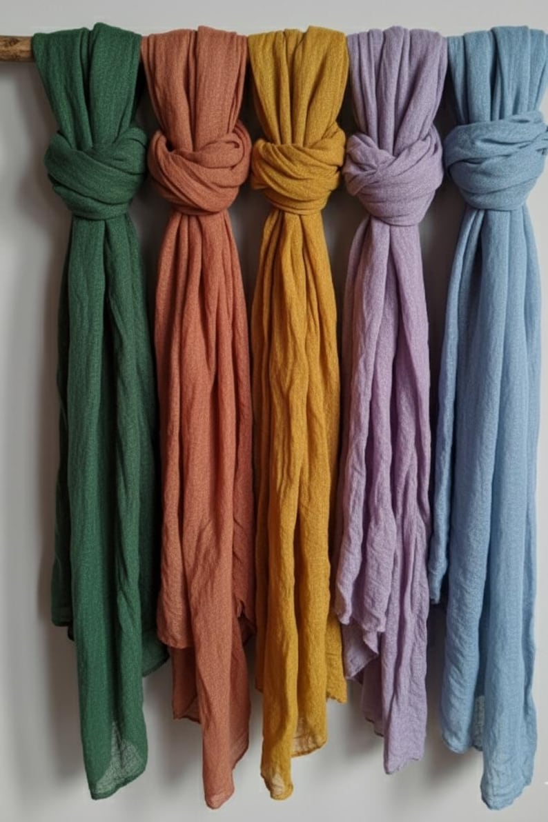 K&ouml;nnte beinhalten: F&uuml;nf farbige Schals h&auml;ngen an einer Holzstange. Die Schals sind in den Farben Gr&uuml;n, Orange, Gelb, Lila und Blau gehalten. Jeder Schal ist oben geknotet, wobei der Stoff nach unten f&auml;llt. Die Schals sind aus einem weichen, flie&szlig;enden Material.
