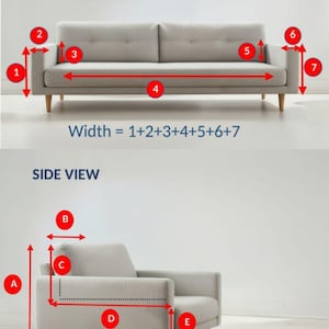 May include: Diagram illustrating how to measure a sofa and armchair. The image shows a front view of a sofa with numbered arrows indicating width measurements. A side view of an armchair shows depth measurements. Text explains how to calculate width and depth.