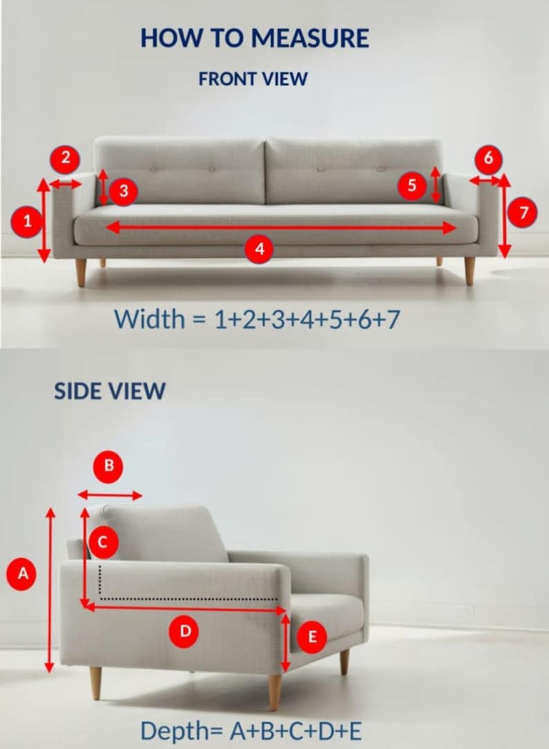 May include: Diagram illustrating how to measure a sofa and armchair. The image shows a front view of a sofa with numbered arrows indicating width measurements. A side view of an armchair shows depth measurements. Text explains how to calculate width and depth.