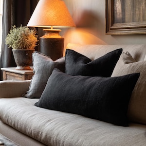 May include: A beige sofa with several throw pillows. The pillows are in shades of gray and black. A lamp with a tan shade sits in the background, casting a warm glow. A potted plant is also visible.