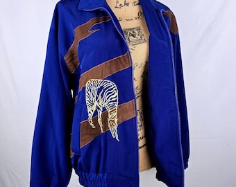 Sporty BNG Paris Blue Zebra Embroidered Track Jacket Zip Up Athletic Retro O.S