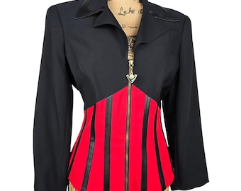 Vintage Nina K Corset Style Blazer Top Black Red Faux Leather Trim Zip Front S.