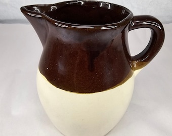 Vintage USA Stoneware Pitcher Brown Rustic Cream Farmhouse Kitchen Decor