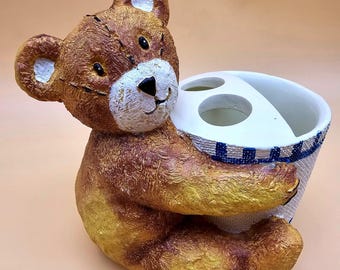 Adorable Cuddle Bear Toothbrush Holder Blue White Check Teddy Bathroom Organizer