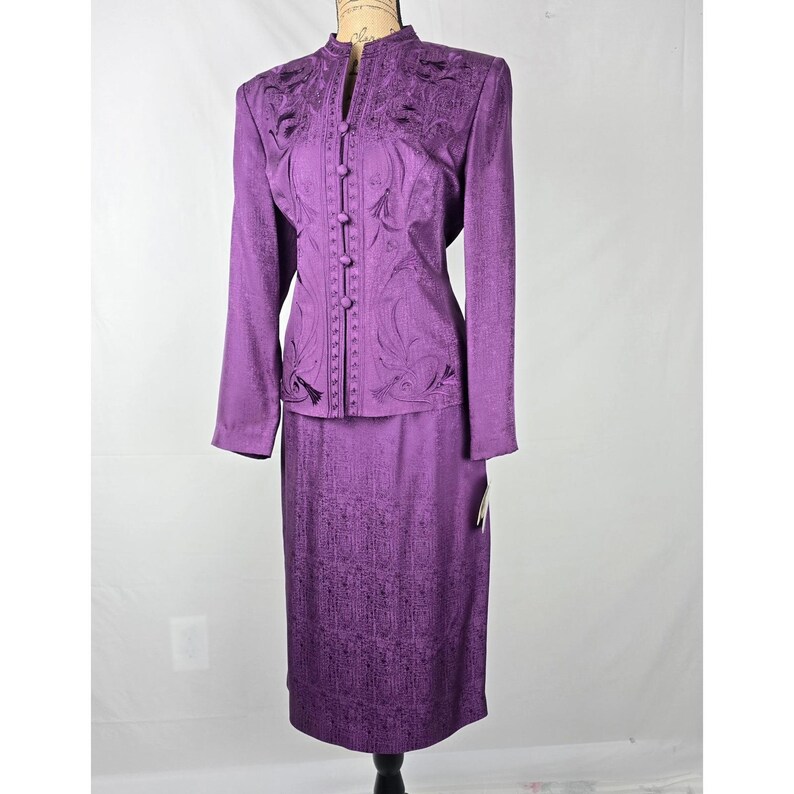 Adrianna Papell Purple Silk Set Beaded Embroidered Jacket & Skirt Size 12 NWT 画像 2