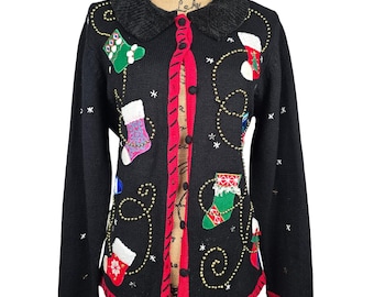 Basic Editions Holiday Christmas Stocking Beaded Cardigan Sweater Black Medium