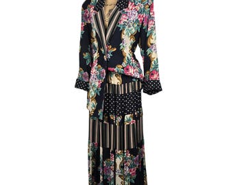 Gorgeous Vintage Carole Little Floral Mixed Print Set Blazer 10 Maxi Skirt 8