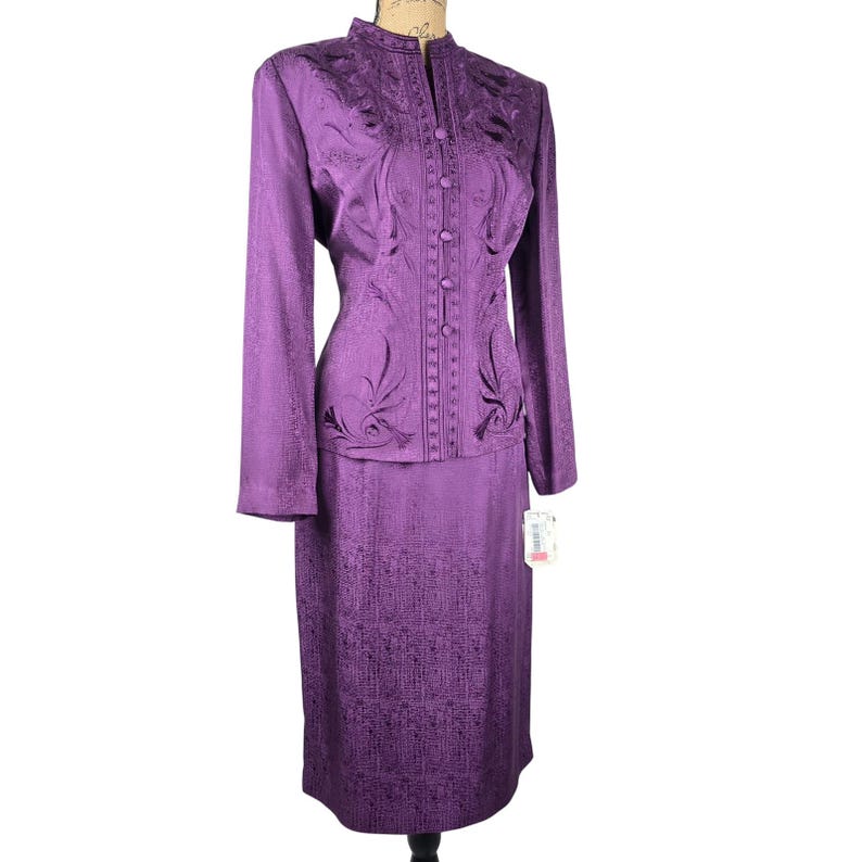 Adrianna Papell Purple Silk Set Beaded Embroidered Jacket & Skirt Size 12 NWT 画像 1