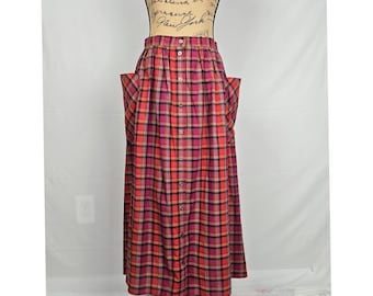 Vintage Josephine Red Purple Plaid Button Front Maxi Skirt Oversized Pockets M