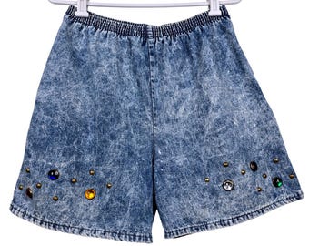 Vintage Gepetto Acid Wash Denim Shorts Gemstone Studded Blue 80s Retro Medium