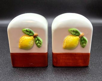 Vintage Ceramic Lemon Salt and Pepper Shakers Set White Brown Farmhouse Kitchen