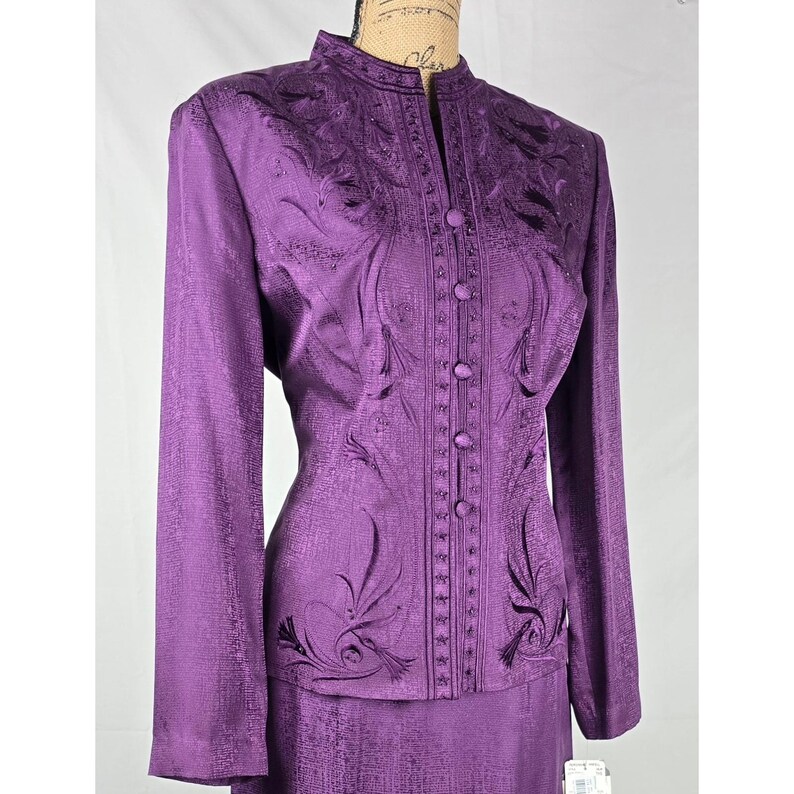 Adrianna Papell Purple Silk Set Beaded Embroidered Jacket & Skirt Size 12 NWT 画像 3