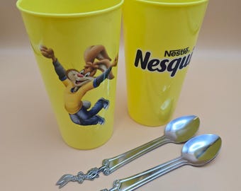 Vintage Nestle Nesquik Yellow Plastic Cups & Bunny Mixing Spoons Set of 2