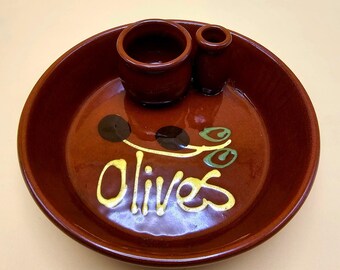 Handmade Ceramic Olive Dish with Dip Bowls Spain