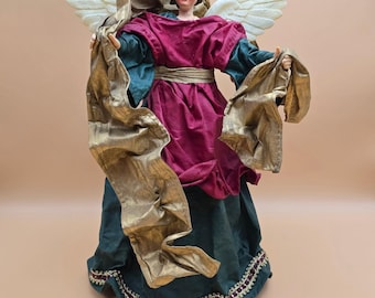Vintage Christmas Angel Tree Topper Burgundy Green Gold Fabric Resin 12 Inch