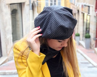 Chapeau beret gris pour femme, beret en laine à motif moderne et tendance, entièrement fait main en France