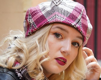 Women's warm winter tartan beret, modern pink and white beret hat