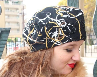 Chapeau en tissu de laine bouillie. Chapeau noir en laine. Béret larges bords. Chapeau en tissu unique. Béret noir. Chapeau noir.Béret femme