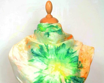 Hand painted silk scarf. Green and orange abstract silk scarf. Silk foulard. Wearable art ready to ship