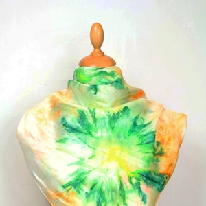 Hand painted silk scarf. Green and orange abstract silk scarf. Silk foulard. Wearable art ready to ship