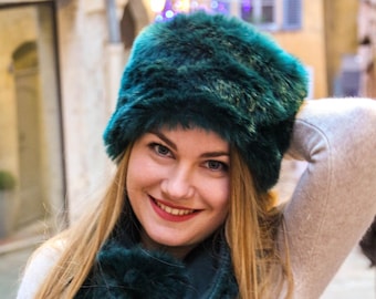 Faux fur hat, russian hat, winter hat, warm hat, womens winter hat, fur hat, fake fur hat, pillbox hat, fur pillbox, green hat, cossack hat