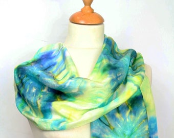 Hand painted silk scarf. Green and blue abstract silk foulard. Wearable art, hand painted in France