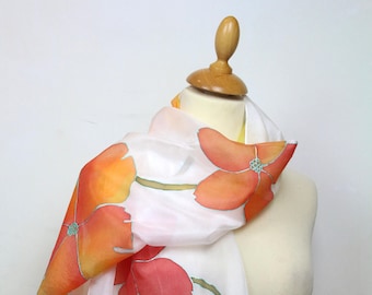 Hand painted silk scarf. Orange floral silk scarf. Silk foulard. Wearable art ready to ship