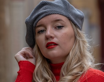 Handmade gray corduroy fabric beret hat. A fully lined, soft, foldable hat for all seasons.