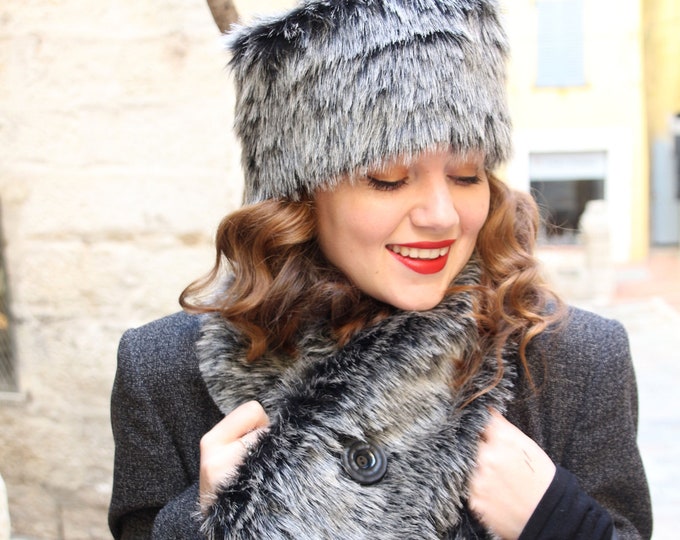 Faux Fur Hat and Scarf Set, Black and Gray Fake Fur Hat Scarf Combo, Winter Ensemble, Russian