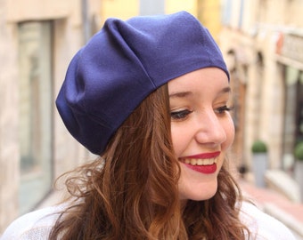 Blue beret hat, Trendy fabric hat, Navy blue woolen slouchy beret, fully lined womens french beret, handmade in France