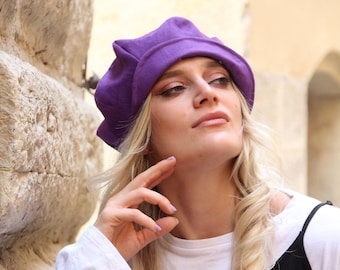 Purple linen newsboy hat, french linen beret hat with visor, Handmade in France