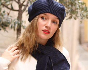 Navy blue hat and scarf set, Unique corduroy beret and scarf combo, womens winter gift set, fashion hat and scarf handmade in france