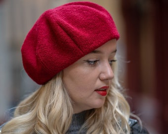 Raspberry red beret for women. A cute beanie hat, handmade in France