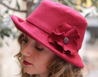 Womens burgundy bucket hat with flower brooch. Unique fabric hat for winter. Handmade in France.