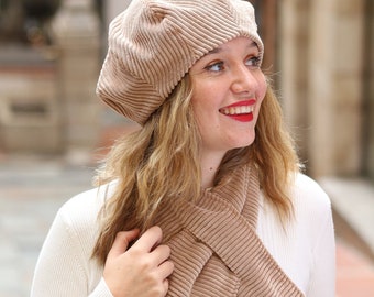 Beige hat and scarf set for women. Warm and fully lined beret and scarf combo. The perfect winter gift set for her.