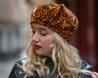 Orange and black leopard print beret hat. Fabric beret hat, handmade in France.