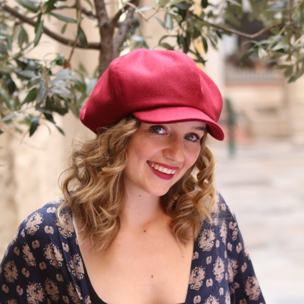 Chapeau casquette bordeaux rose pour femme, chapeau beret à visière oversize, chapeau casquette moderne et tendance fait main en France