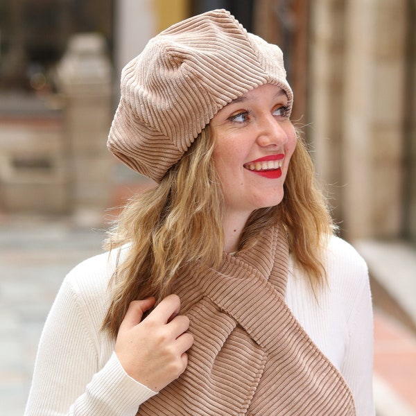 Beige hat and scarf set for women. Warm and fully lined beret and scarf combo. The perfect winter gift set for her.